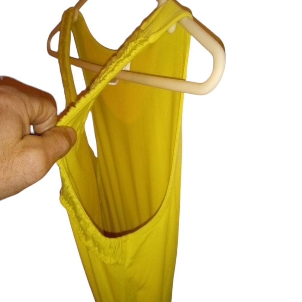 Casual Dress Loft Yellow Ruched Trim Neckline Elastic Waistband Midi Summer S - Picture 2 of 10